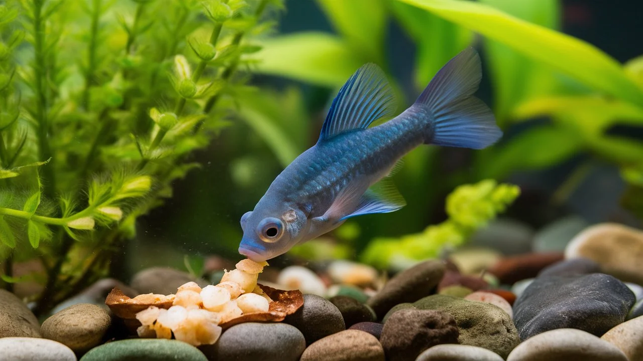 Blue Moscow Guppy eating food