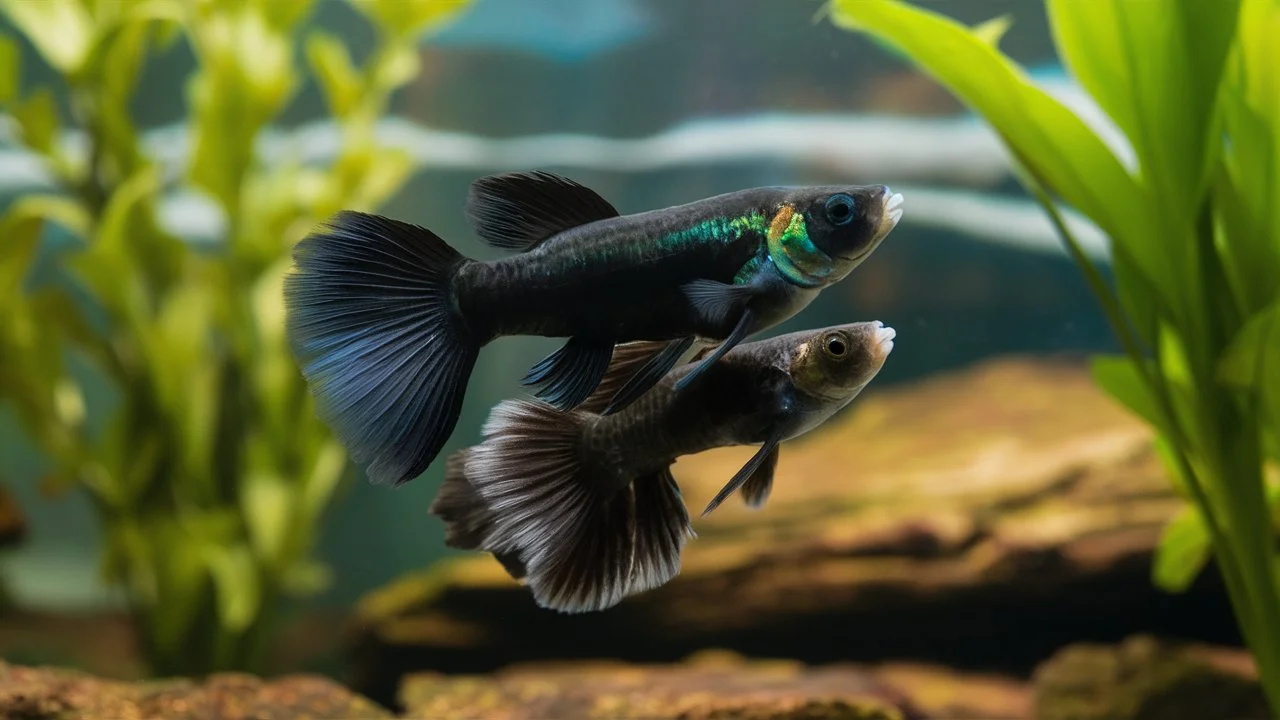  male and female black moscow guppy